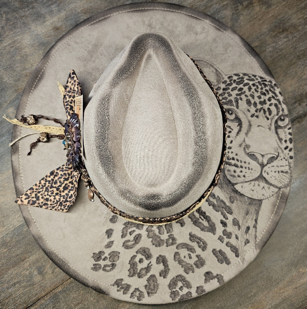 Leopard Print Embellished Wide-Brim Fedora Hat - Neutral Taupe